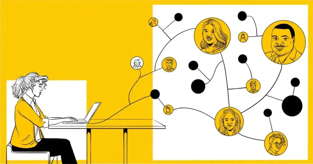 Line illustration in yellow and white: a person types at a laptop while lines run from the screen to a scattered network of portraits in circles