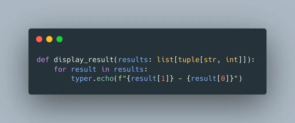 Python: display_result loops the results and prints each one with typer.echo as the status code followed by the URL