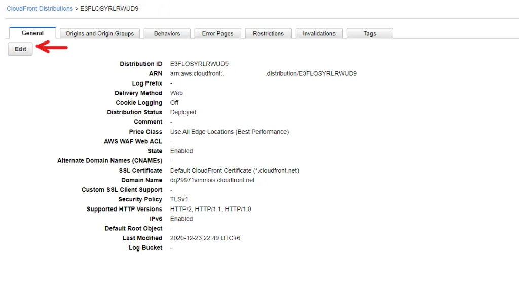 The distribution’s General tab, status Deployed with no alternate domain names and no default root object set, and the Edit button arrowed