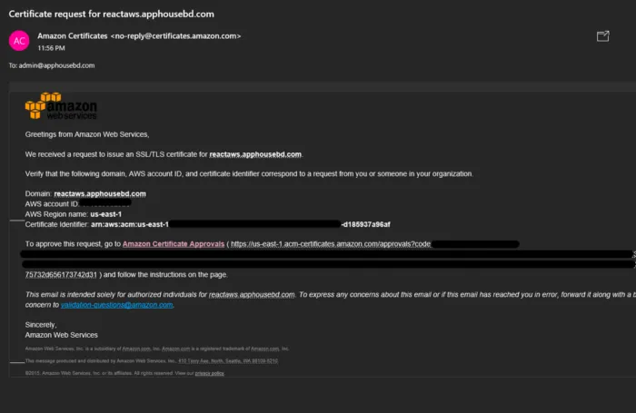The approval email from Amazon Certificates, naming the domain, the region us-east-1 and the certificate identifier, with an Amazon Certificate Approvals link to follow