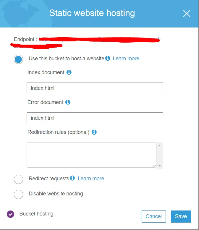The S3 Static website hosting dialog, with the bucket set to host a website and both the index document and the error document set to index.html. The endpoint is scribbled out