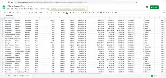 The CSV-to-Google-Sheet spreadsheet filled with rows of segment, country, product and sales figures, the toolbar noting the last edit was made seconds ago by google-sheet-demo
