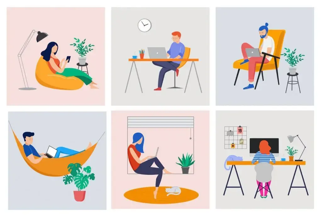 Six flat illustrations of people working from home: in a beanbag, at a desk, in an armchair, in a hammock, on the floor by a window, and at a desk with a cat on it