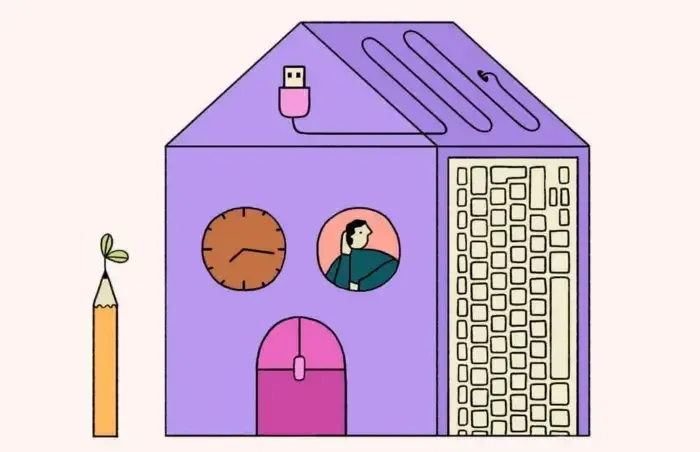Illustration of a house assembled from desk objects. A wall clock and a webcam portrait are its windows, a mouse is the front door, and a keyboard forms one wall