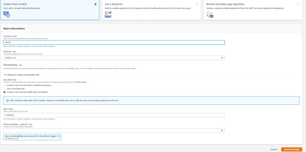 The Lambda Create function form. Author from scratch is selected, the function is named demo on the Node.js 12.x runtime, and a new execution role named TestRoute is created from the Basic Lambda@Edge permissions policy template for CloudFront triggers