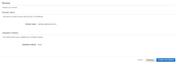 The review step of the wizard, confirming the domain name reactaws.apphousebd.com and Email as the validation method, above the Confirm and request button