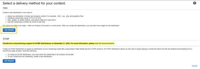 The delivery method page offering Web and RTMP. Web is highlighted, and a yellow banner warns that RTMP support is being discontinued on 31 December 2020