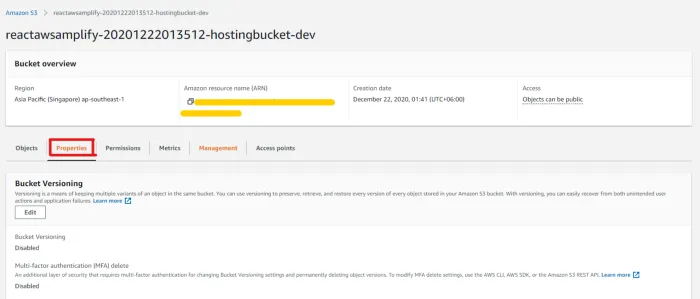 The S3 bucket overview for reactawsamplify-20201222013512-hostingbucket-dev in ap-southeast-1, with the Properties tab outlined in red