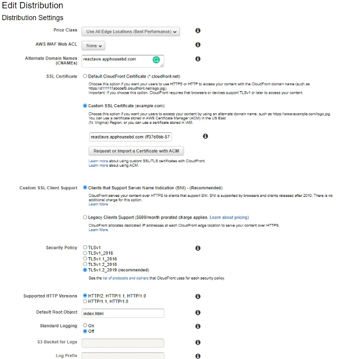The Edit Distribution form after the change: the custom domain entered as an alternate domain name, Custom SSL Certificate selected and pointed at the issued certificate, SNI client support chosen, and Default Root Object set to index.html