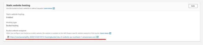 The Static website hosting card on that Properties tab, enabled, with the bucket website endpoint underlined in red