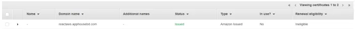 The ACM certificate list after approval, the status now reading Issued