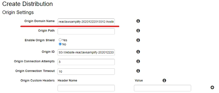 The Create Distribution origin settings, with the bucket’s website endpoint pasted into the Origin Domain Name field and the Origin ID filled in automatically