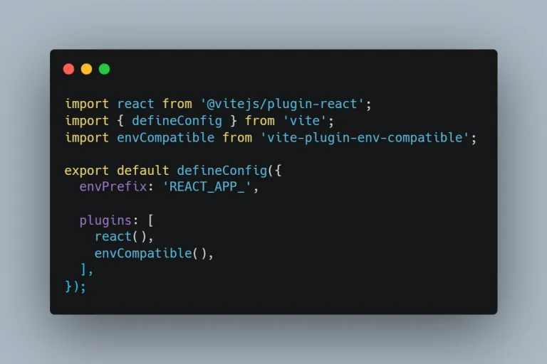 A vite config importing vite-plugin-env-compatible, setting envPrefix to REACT_APP_ and adding envCompatible to the plugin list, so the existing variable names keep working
