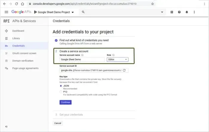 Create service account