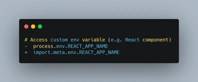 A diff in a React component changing process.env.REACT_APP_NAME to import.meta.env.REACT_APP_NAME