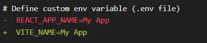 A .env diff renaming REACT_APP_NAME to VITE_NAME, the prefix Vite expects, with the value unchanged