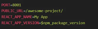 A Create React App .env file setting PORT, PUBLIC_URL, REACT_APP_NAME and REACT_APP_VERSION
