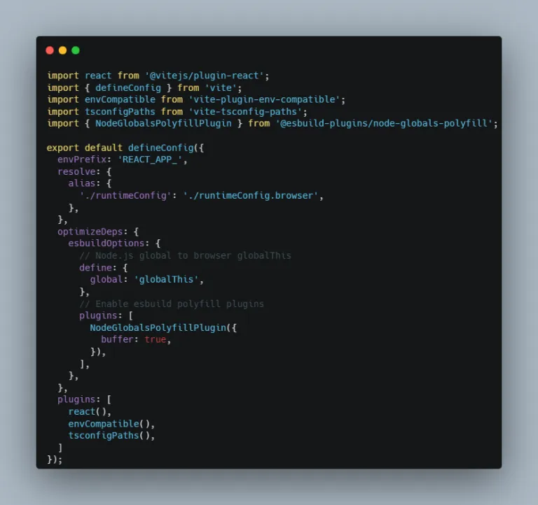 The vite config gaining an optimizeDeps.esbuildOptions block that defines global as globalThis and enables NodeGlobalsPolyfillPlugin with buffer turned on