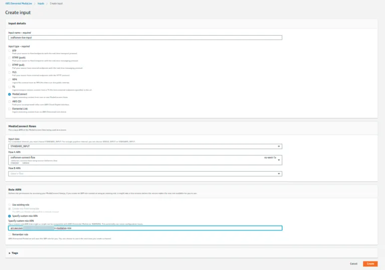 The MediaLive Create input form. The name is craftsmen-live-input, input type MediaConnect is selected out of the ten options, the craftsmen-connect-flow ARN is chosen as Flow A, and a custom MediaLive role ARN is supplied