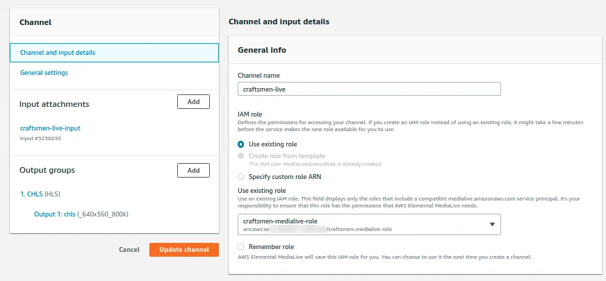 The MediaLive channel form for craftsmen-live. The input attachment is craftsmen-live-input, the output group is one HLS group named CHLS, and the existing craftsmen-medialive-role is selected as the IAM role