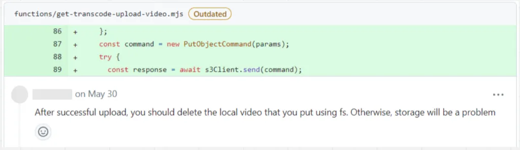 A GitHub pull request review. Four added lines in get-transcode-upload-video.mjs are highlighted green, and a reviewer has commented that the local video should be deleted after a successful upload or storage will become a problem