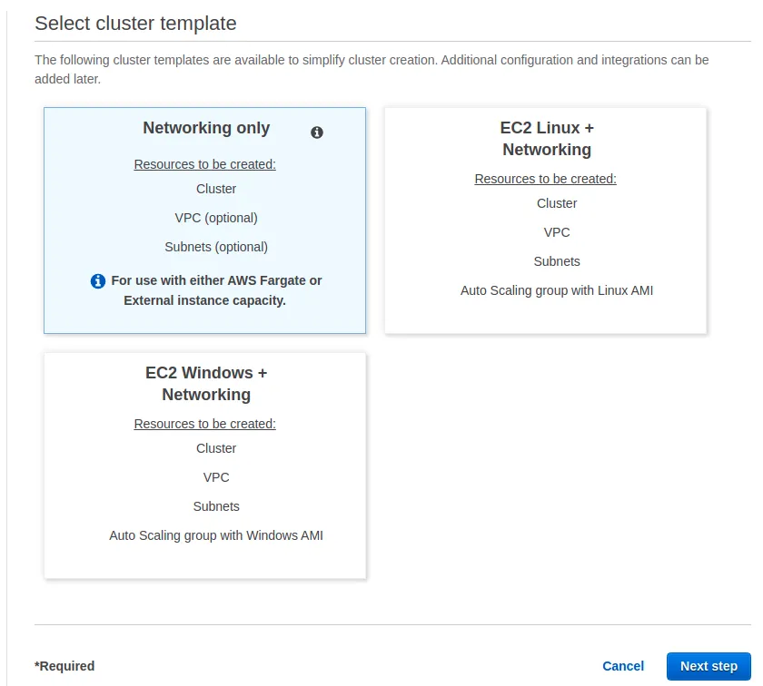 The ECS Select cluster template step, with Networking only chosen out of three options, noted as the one for use with AWS Fargate