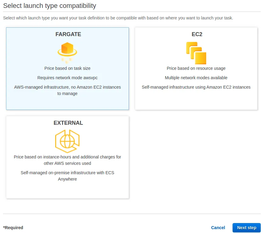 The Select launch type compatibility step for the task definition, with FARGATE chosen over EC2 and EXTERNAL