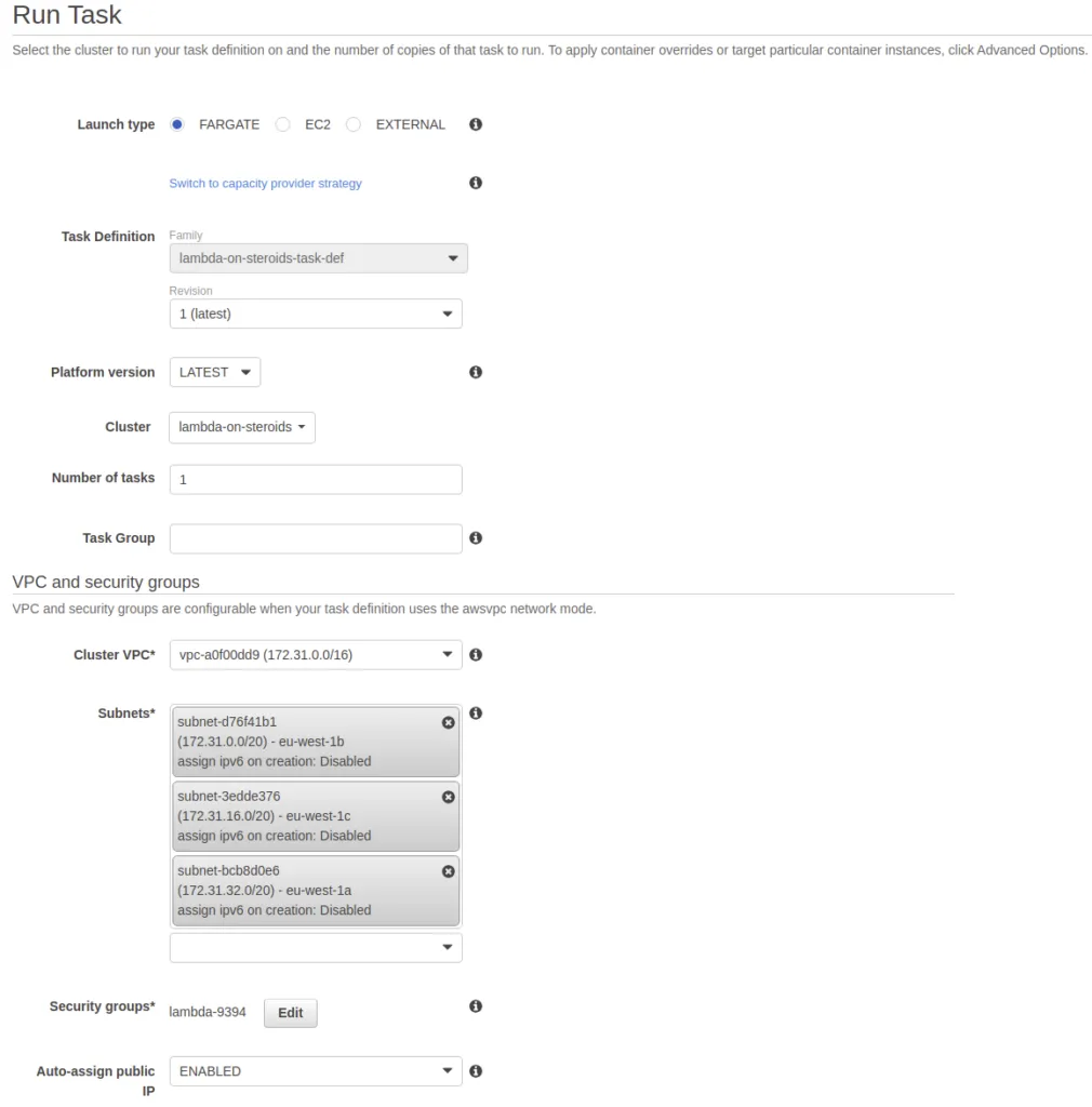 The Run Task form. Launch type FARGATE, task definition lambda-on-steroids-task-def revision 1, cluster lambda-on-steroids, one task, three existing subnets selected, and Auto-assign public IP set to ENABLED