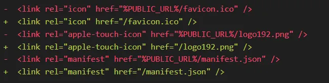 An index.html diff rewriting three tags, the icon, apple-touch-icon and manifest links, so each href drops the %PUBLIC_URL% prefix and starts from the site root instead
