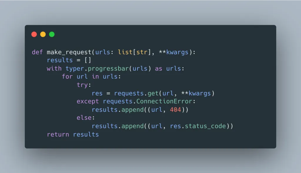 Python: make_request loops the URLs inside a typer.progressbar, calling requests.get on each and appending the URL with its status code, or with 404 when the connection fails