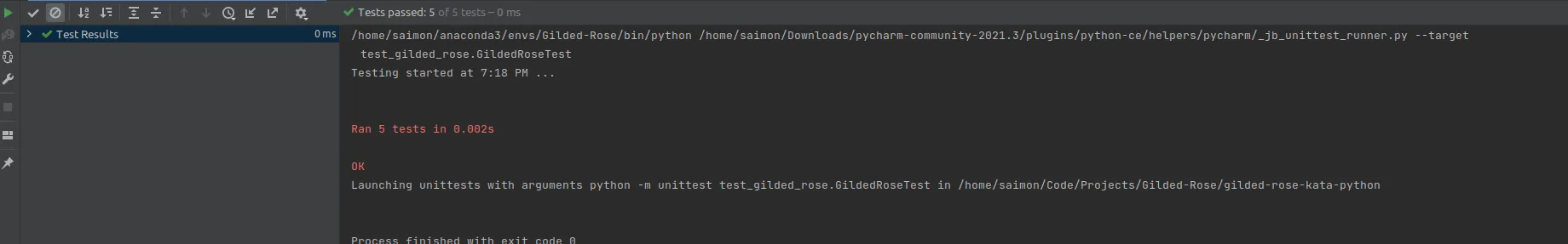 The PyCharm test runner reporting all five tests passed in 0.002 seconds, with the process finishing at exit code 0