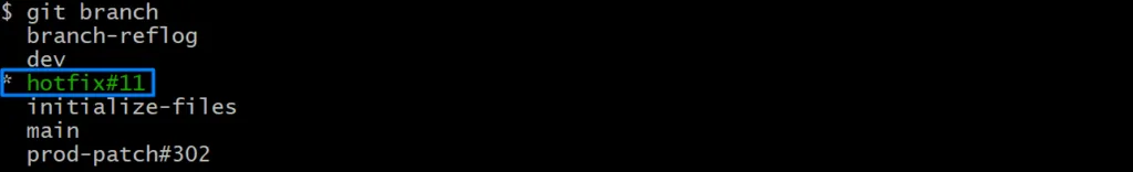 Output of git branch after the recovery. The list holds branch-reflog, dev, hotfix#11, initialize-files, main and prod-patch#302, with the restored hotfix#11 highlighted and checked out