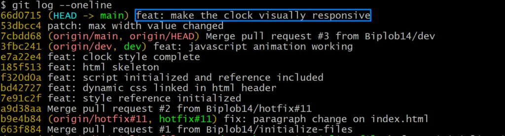 Output of git log –oneline after the recovery. The lost commit, feat: make the clock visually responsive, is highlighted back at the top with HEAD pointing to main
