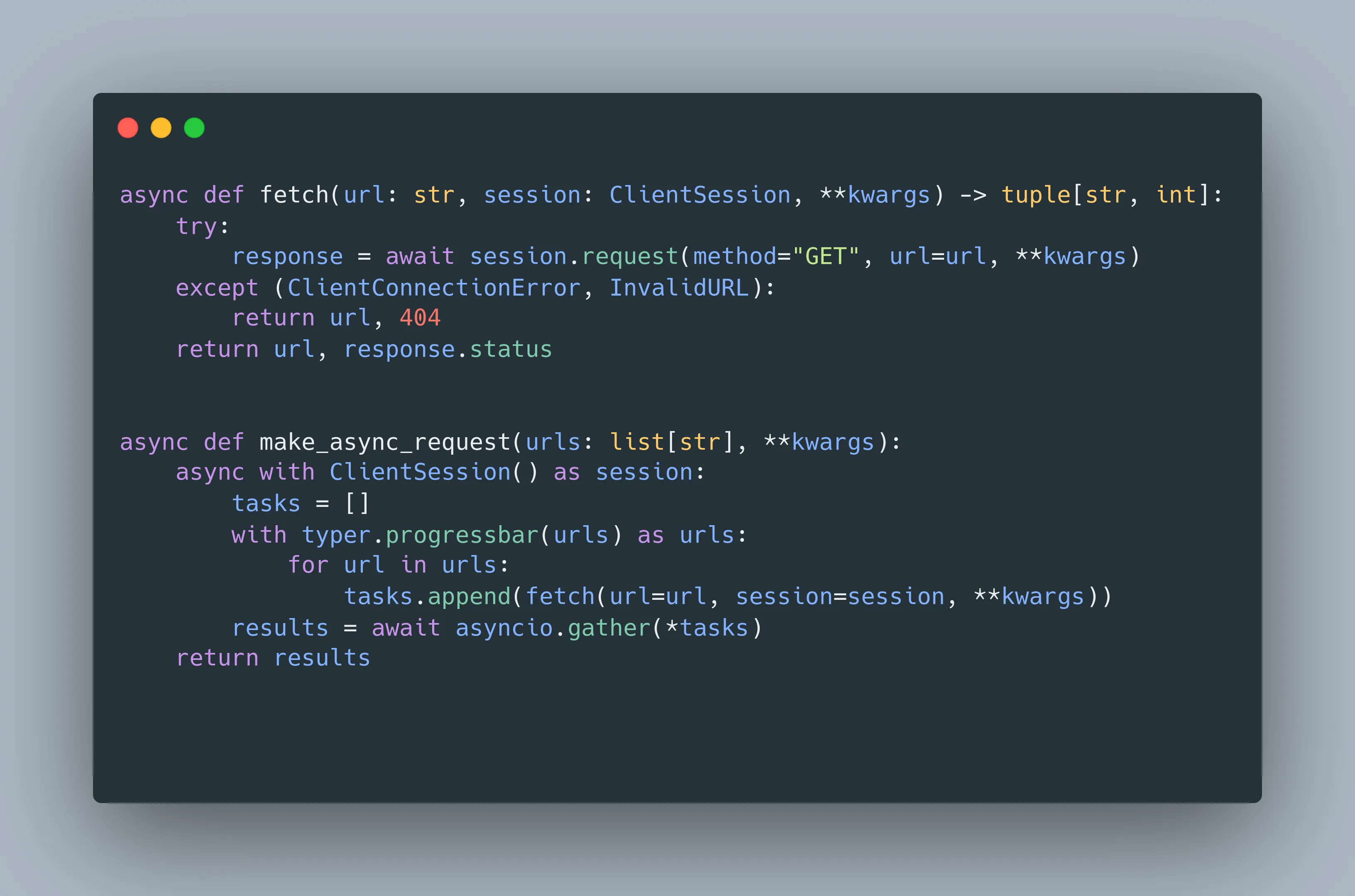 Python: an async fetch that GETs one URL through an aiohttp ClientSession and returns the URL with its status, or 404 on a connection error, and make_async_request which builds a task per URL inside a progress bar and awaits them all with asyncio.gather