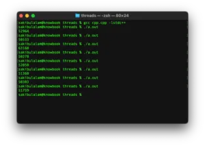 A terminal running the compiled C++ program eight times. Every run prints a different value, from 12964 down to 11759, none of them the expected total