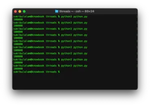 The same experiment in Python. Eight runs of the threaded script all print 100000, the correct total, every time