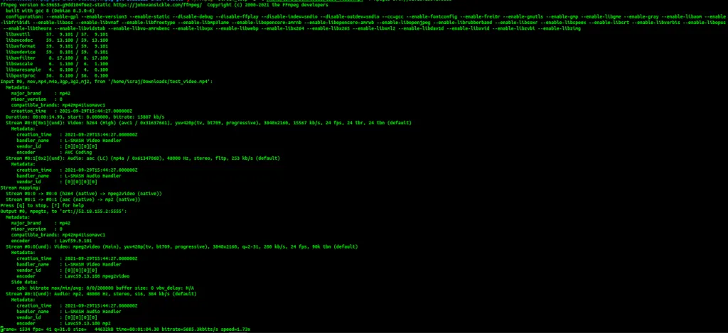 FFmpeg running in a terminal. It reports the input file as 3840 by 2160 H264 at 24 frames per second, maps the streams to mpeg2video and mp2, and streams the output to srt://52.18.155.2:5555