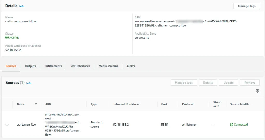The MediaConnect flow craftsmen-connect-flow, active in eu-west-1a with public outbound IP 52.18.155.2. Its one source shows inbound IP 52.18.155.2, port 5555, protocol srt-listener and source health Connected