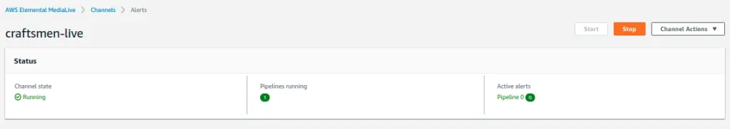 The MediaLive channel craftsmen-live with channel state Running, one pipeline running, and no active alerts