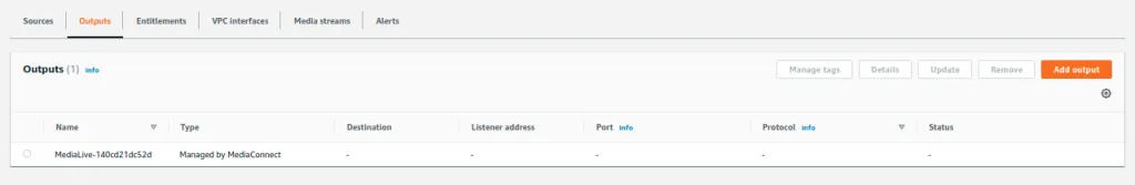 The Outputs tab of the MediaConnect flow, now listing a single output named MediaLive-140cd21dc52d and typed Managed by MediaConnect