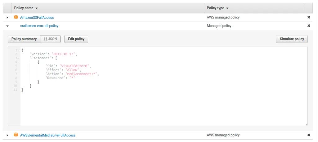 The IAM role’s attached policies: AmazonS3FullAccess, AWSElementalMediaLiveFullAccess, and an inline craftsmen-emx-all-policy whose JSON allows the action mediaconnect:* on every resource