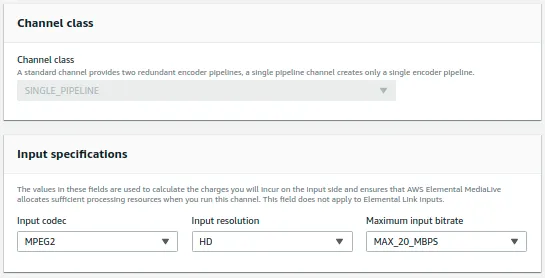 The channel class set to SINGLE_PIPELINE, described as creating only one encoder pipeline, above input specifications of MPEG2 codec, HD resolution and a maximum bitrate of 20 Mbps