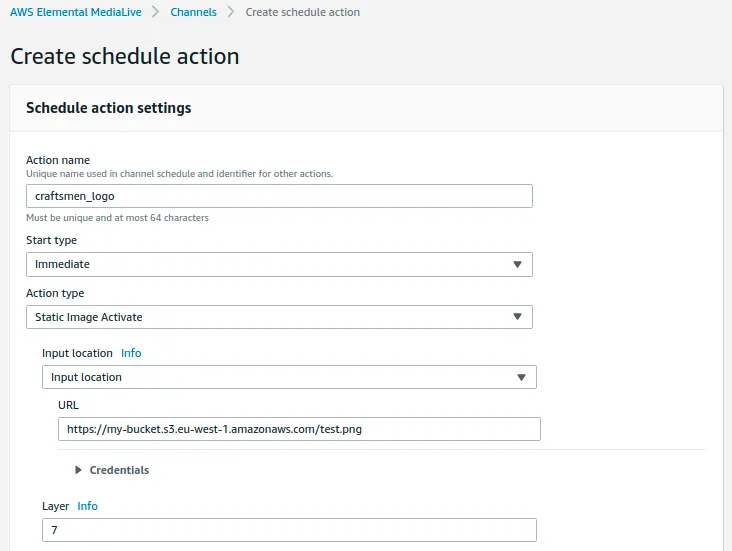 The Create schedule action form. The action is named craftsmen_logo, starts Immediate, is typed Static Image Activate, and points at the logo’s S3 URL on layer 7