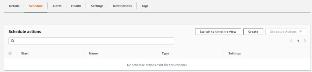 The Schedule tab of the MediaLive channel, empty, with a Create button for adding the first schedule action
