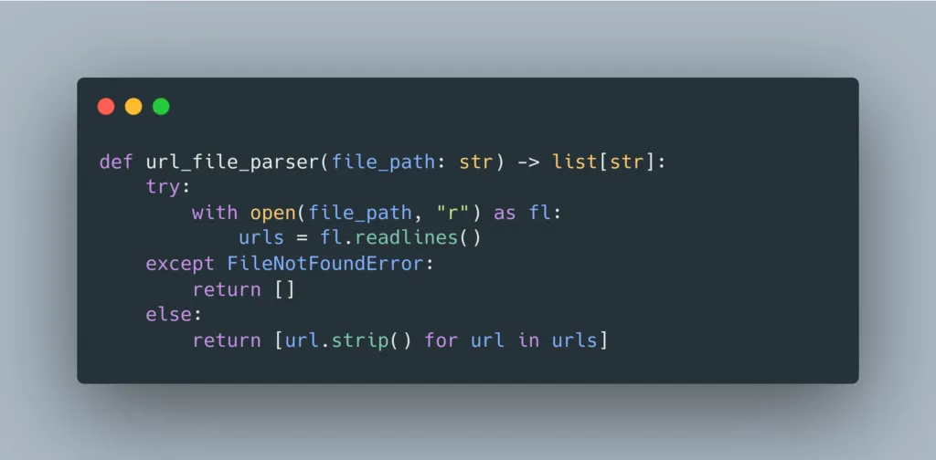 Python: url_file_parser opens a file and reads its lines, returning an empty list on FileNotFoundError and otherwise each line stripped