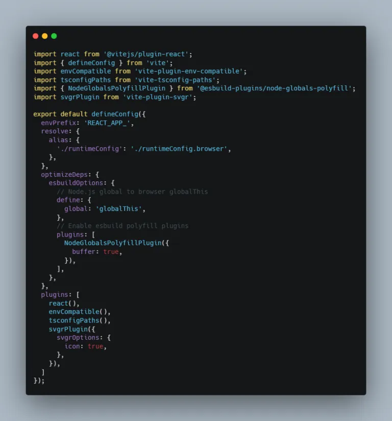 The finished vite config, with all six plugins imported and svgrPlugin added last, configured with svgrOptions icon set to true so SVGs can be imported as components