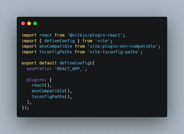 The vite config with vite-tsconfig-paths imported and tsconfigPaths added to the plugin list, so the path aliases in tsconfig resolve