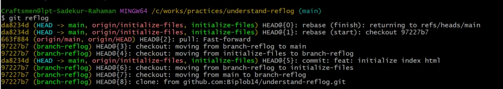Output of git reflog, nine entries deep. HEAD@{0} and HEAD@{1} are the finish and start of a rebase, HEAD@{2} a fast-forward pull, several are checkouts moving between branches, HEAD@{5} is a commit, and HEAD@{8} is the original clone
