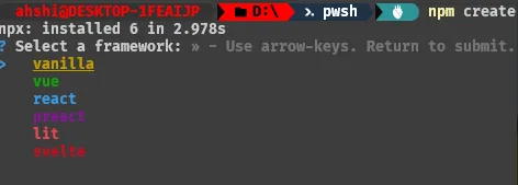 The Vite scaffolding prompt “Select a framework” in a terminal, offering vanilla, vue, react, preact, lit and svelte