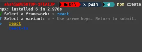 The follow-up prompt “Select a variant” after react was chosen, offering react and react-ts